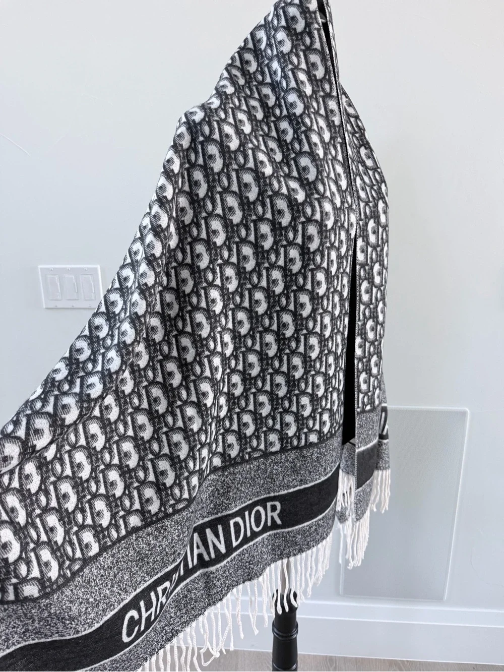 Dior Gray & White Logo Fringe Shawl